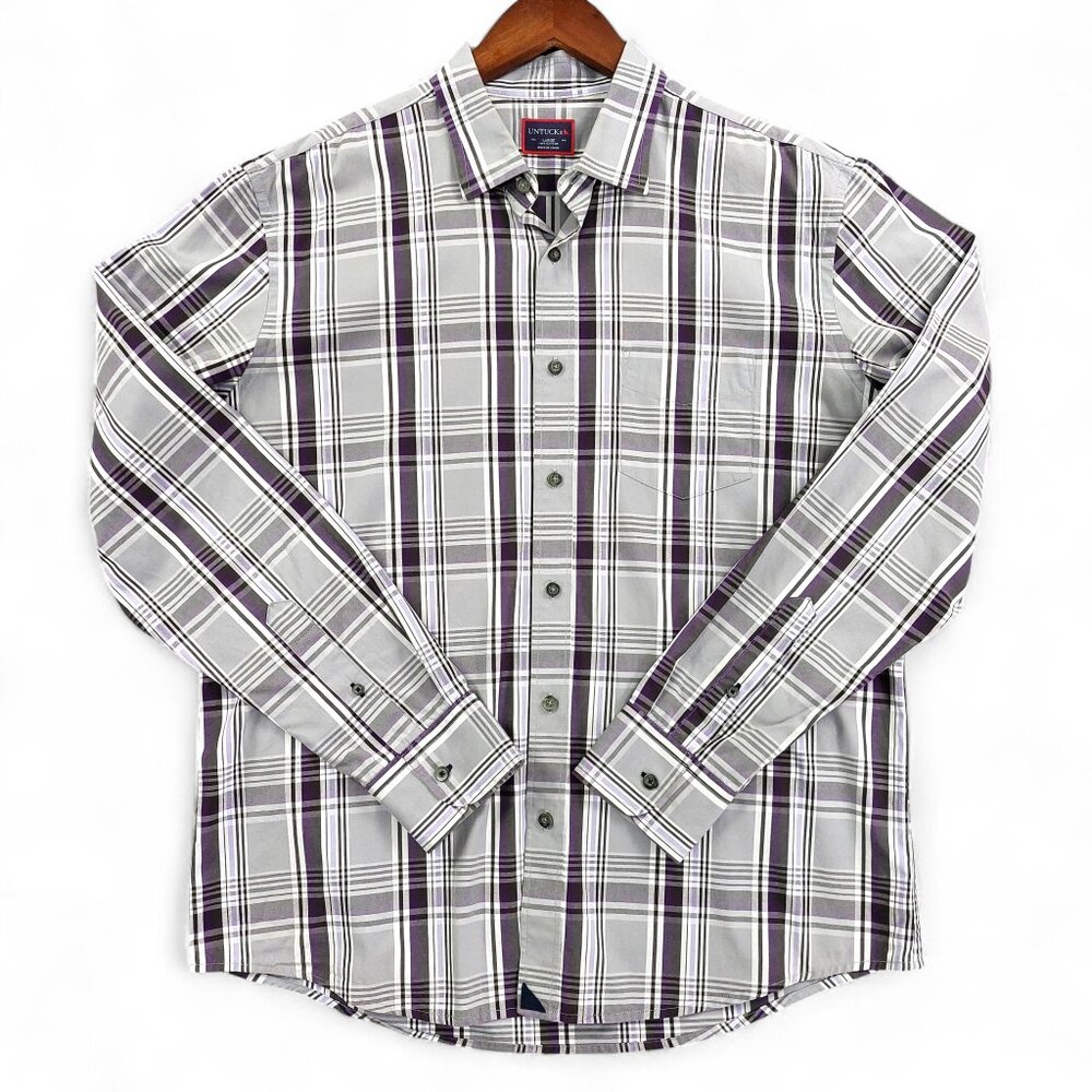Untuckit Shirt Mens Sz L Gray Purple Plaid Long Sleeve Cotton Office Preppy